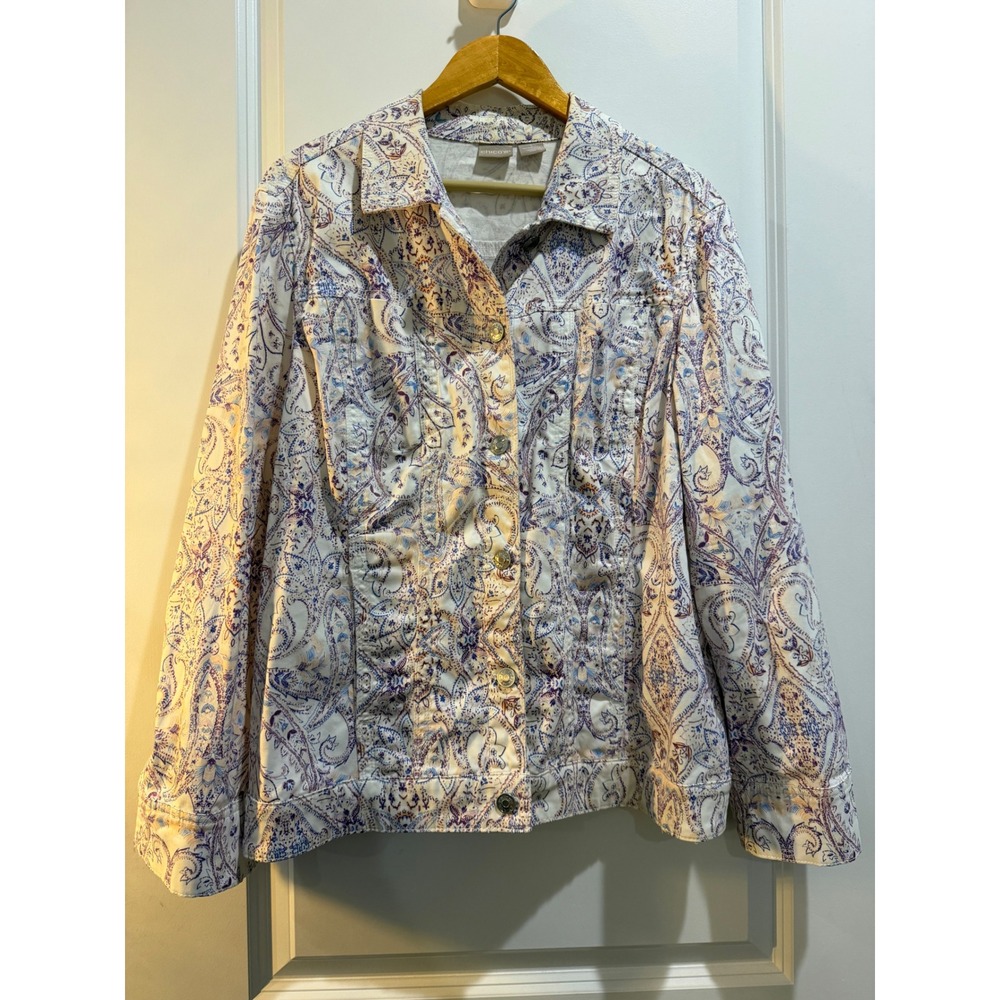 Chicos Paisley Print Button Front Jacket White Purple Blue Size 3 XL 16 18